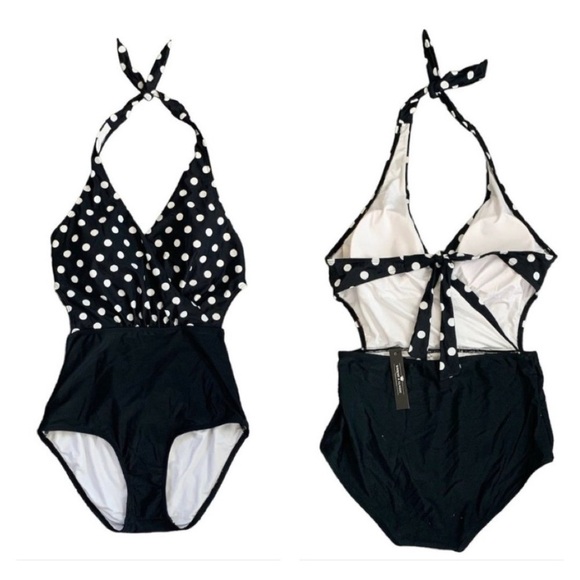 Unique & Classic Retro Polka Dot One Piece Swimsuit Halter Neck Black/White Sz M - Picture 1 of 6